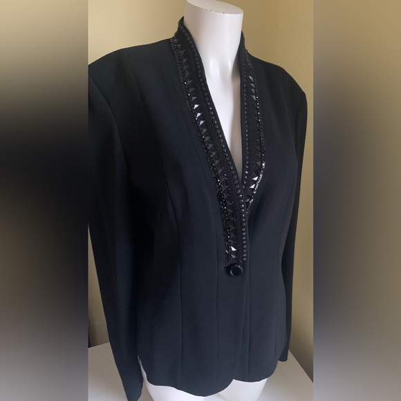 Jones New York long black tuxedo style blazer jacket shiny beaded V neck collar - Picture 6 of 15